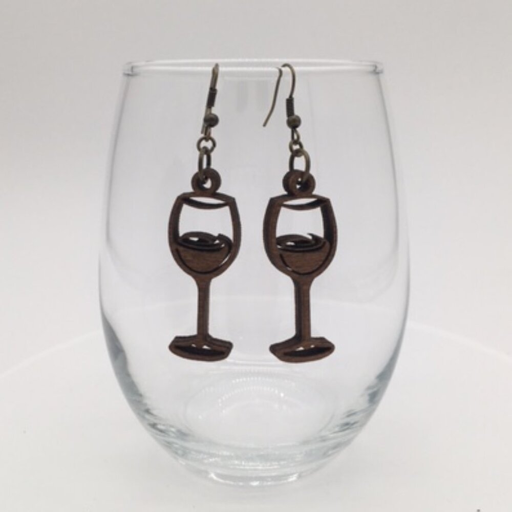 Custom Laser Cut Birch Wood Wine Glass Earrings